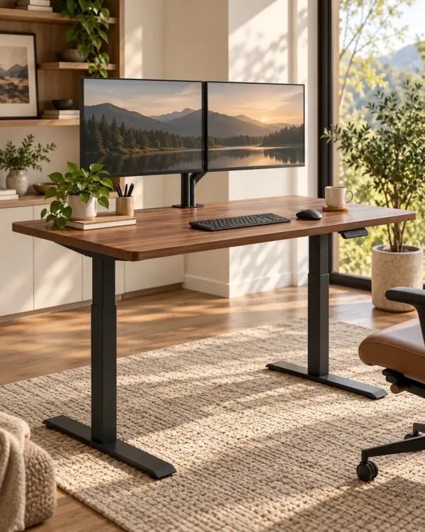 Electric Standing Desk — Alternate Walnut standing desk with black frame in a modern office