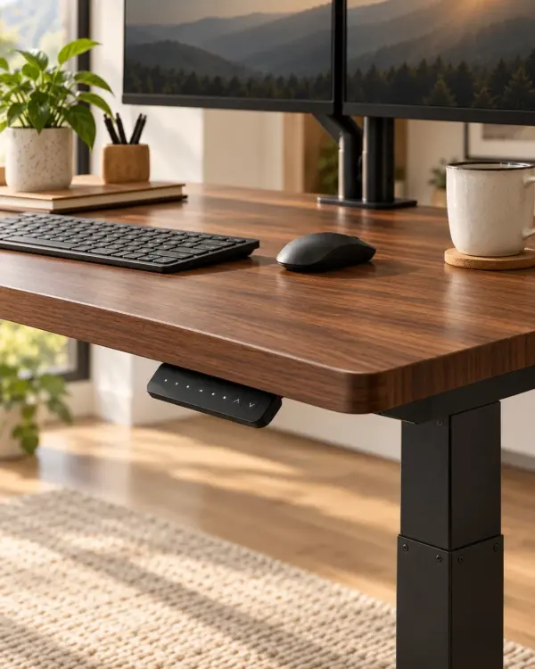 Electric Standing Desk — Detail Close view of standing desk edge and height control panel
