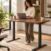Electric Standing Desk — Editorial Height-adjustable walnut desk in a daylight workspace