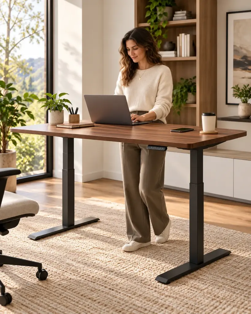 Height-adjustable walnut desk in a daylight workspace