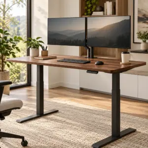 Walnut electric standing desk with black frame in a home office
