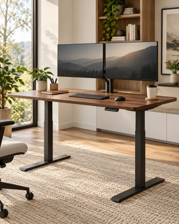 Electric Standing Desk — Primary Walnut electric standing desk with black frame in a home office