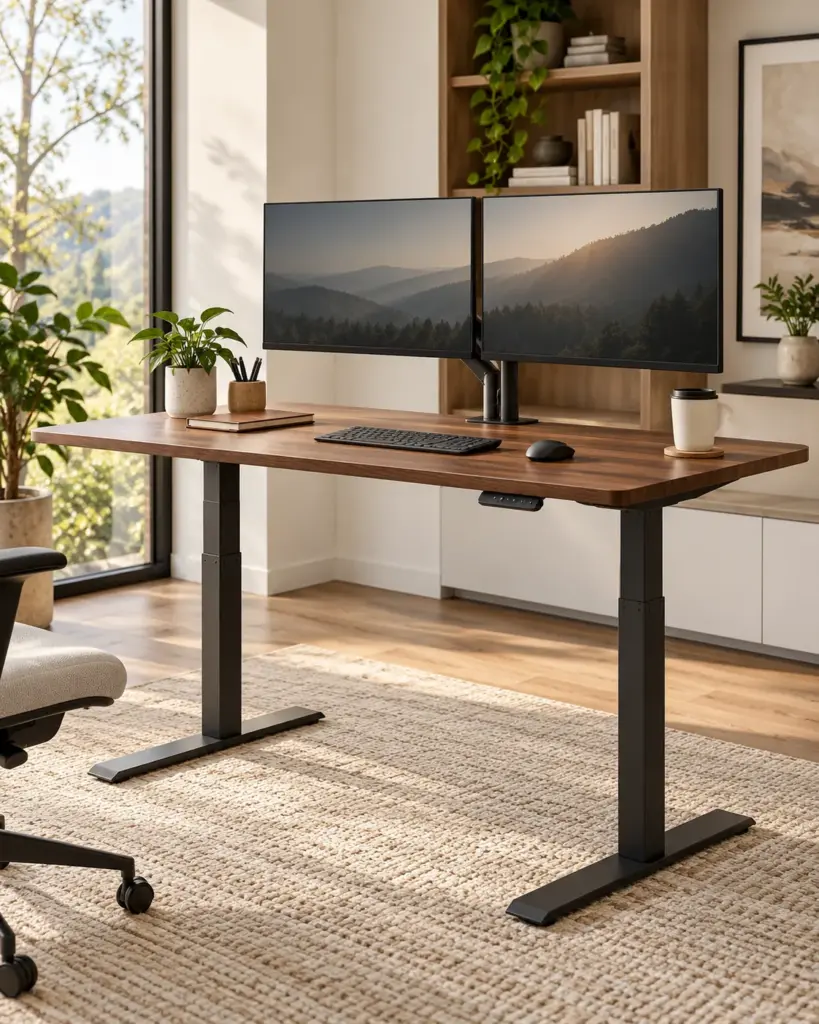 Walnut electric standing desk with black frame in a home office
