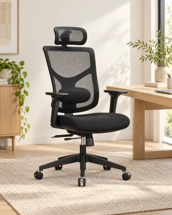Black mesh office chair beside a desk in a neutral room