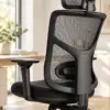 Close view of the black office chair mesh back and armrest