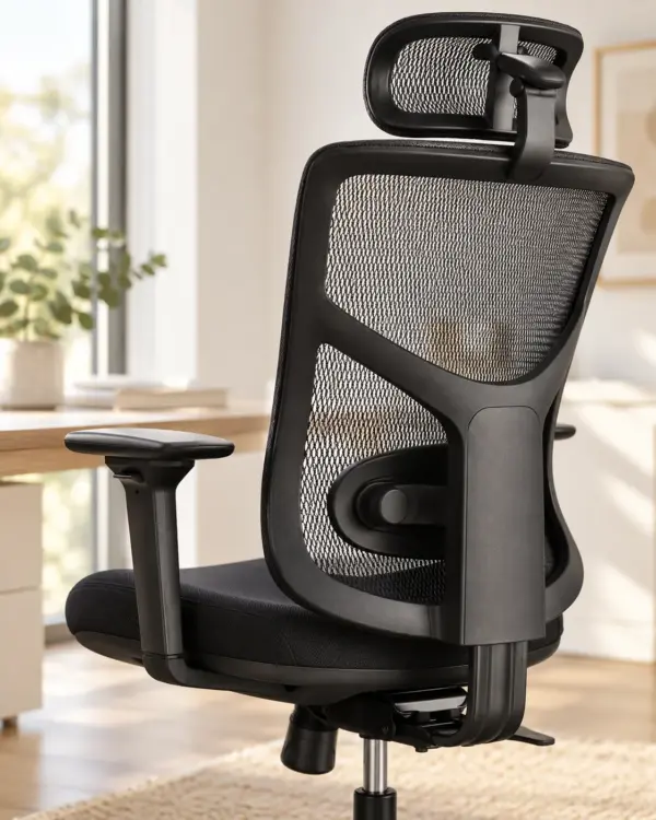 Close view of the black office chair mesh back and armrest