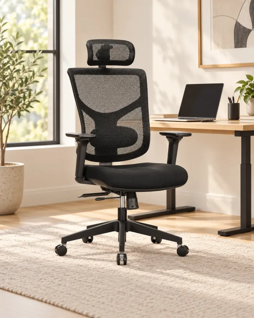 Black mesh ergonomic office chair in a bright home office