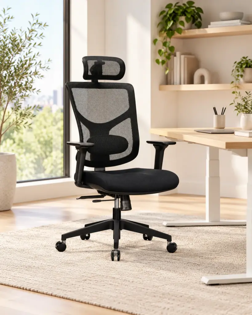 Black ergonomic office chair in a modern workspace