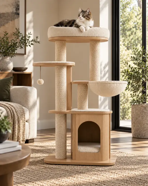 Modern Cat Tree — Alternate Furniture-style cat tree in a warm neutral interior