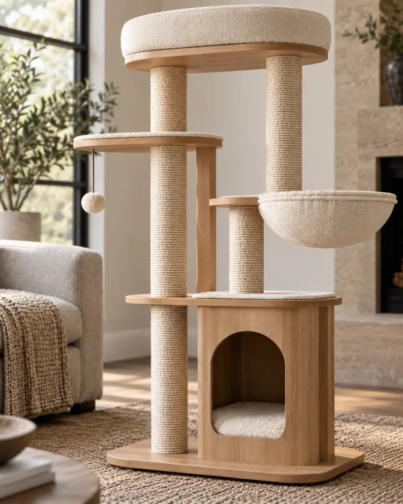 Close view of cat tree platforms and sisal scratching posts