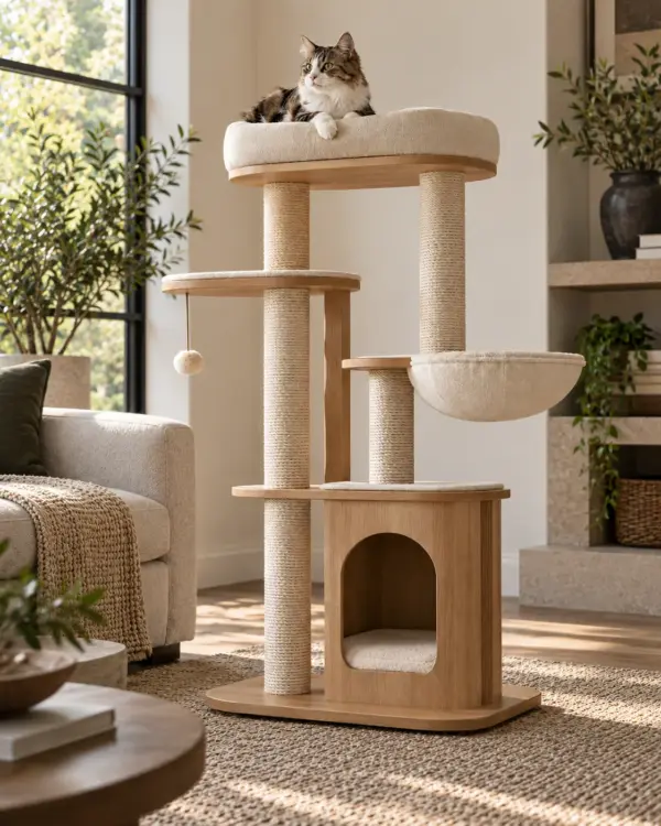 Modern Cat Tree — Editorial Multi-level wood and cream cat tree beside living room seating
