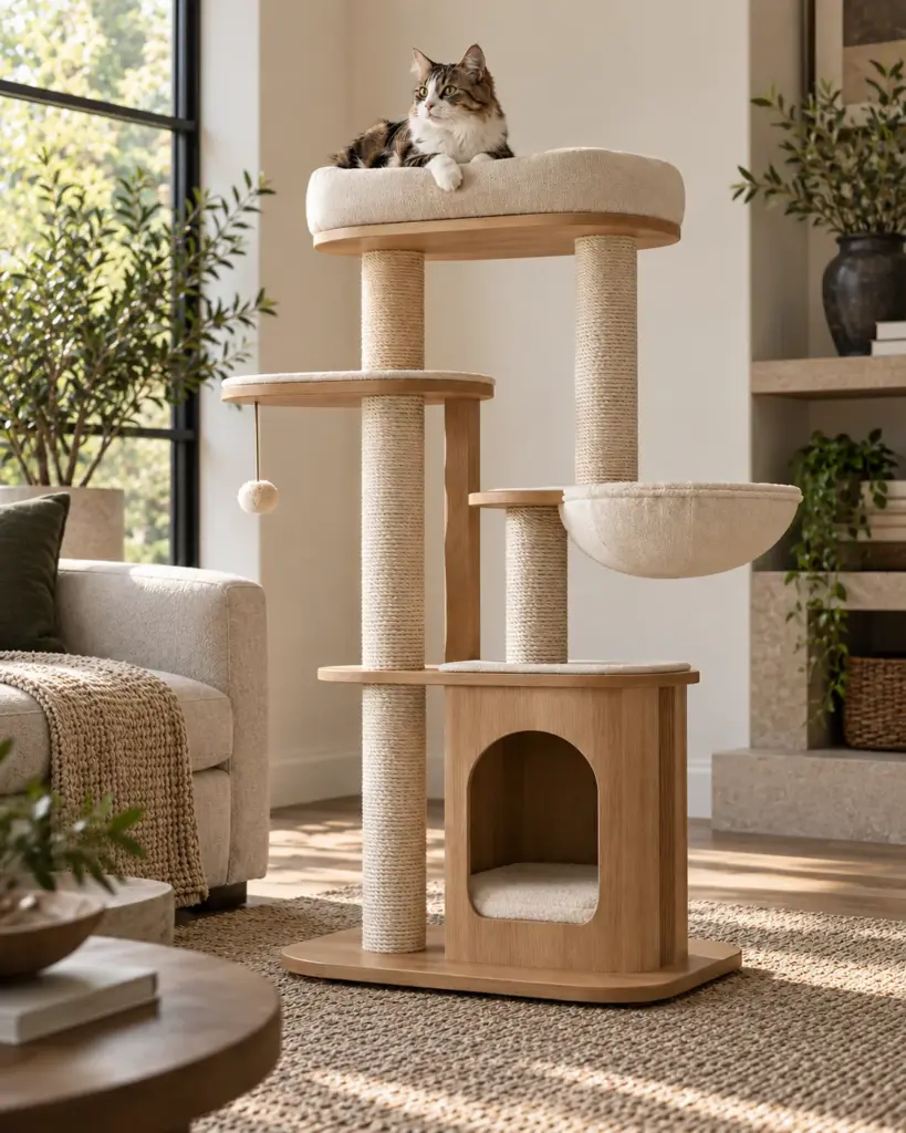 Multi-level wood and cream cat tree beside living room seating