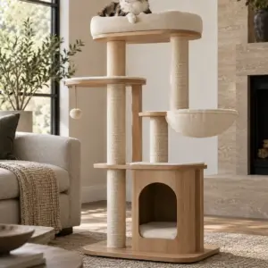Modern Cat Tree — Primary Natural wood cat tree with a cat in a modern living room