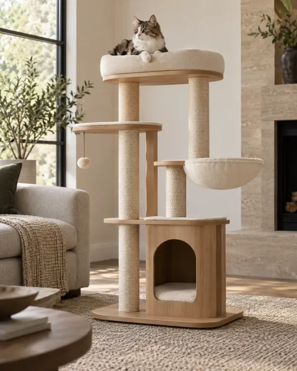 Modern Cat Tree — Primary Natural wood cat tree with a cat in a modern living room
