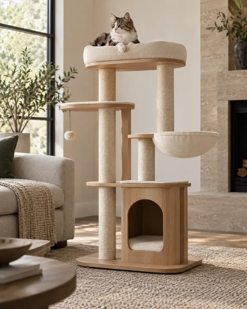 Natural wood cat tree with a cat in a modern living room