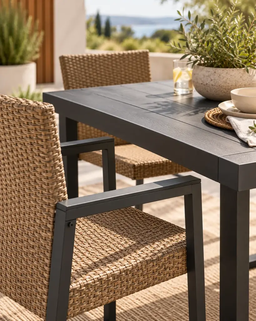 Close view of outdoor dining chair and table materials