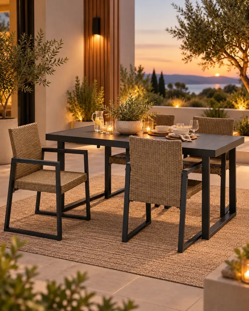 Outdoor table and four chairs arranged for patio dining