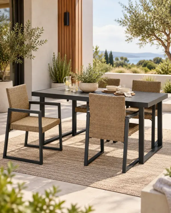 Four-seat outdoor dining set on a contemporary patio