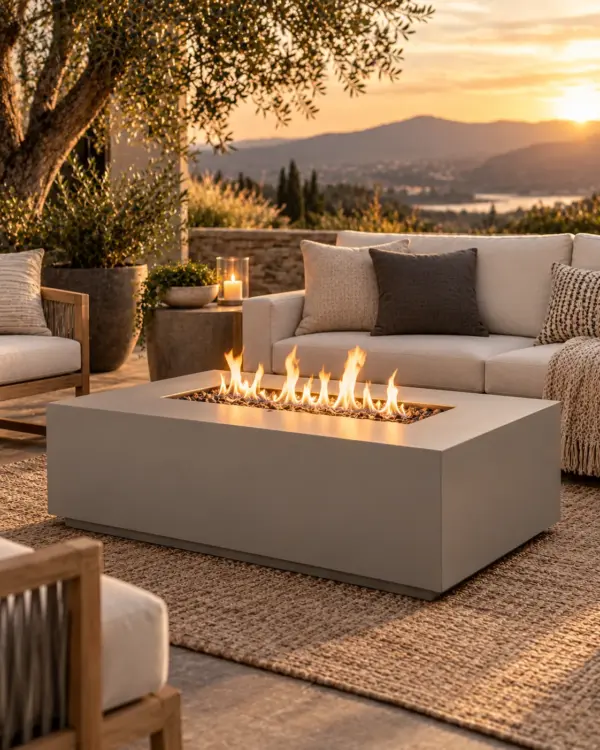Modern propane fire pit table in a styled patio setting