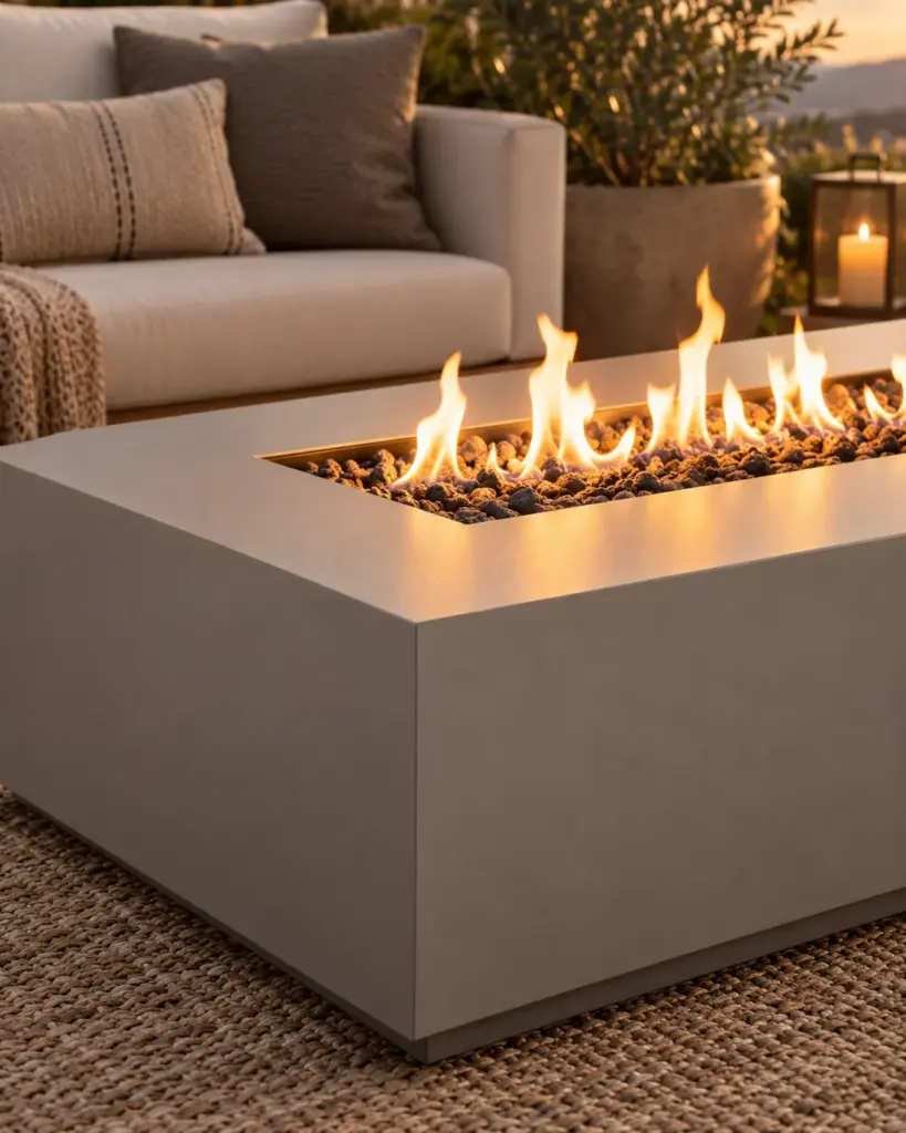 Close view of the fire pit table surface and flame