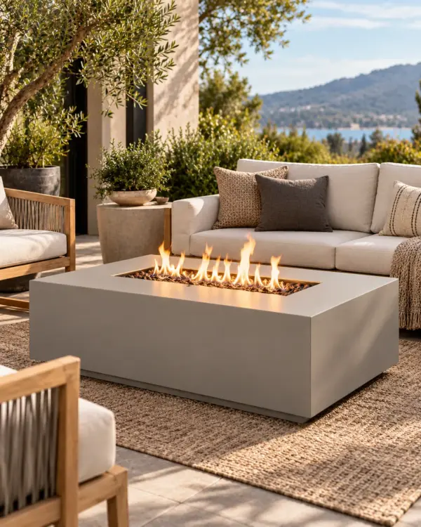 Low propane fire pit table in an outdoor seating area