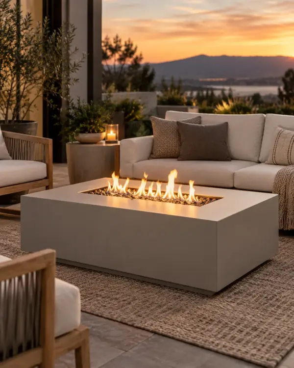 Mist-gray propane fire pit table with linear flame on a patio