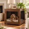 Walnut indoor dog crate in a neutral home interior