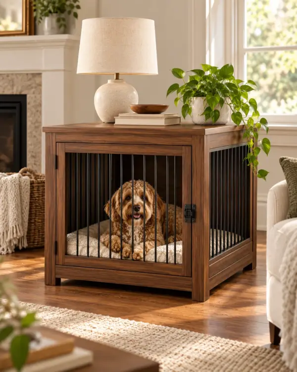 Walnut indoor dog crate in a neutral home interior