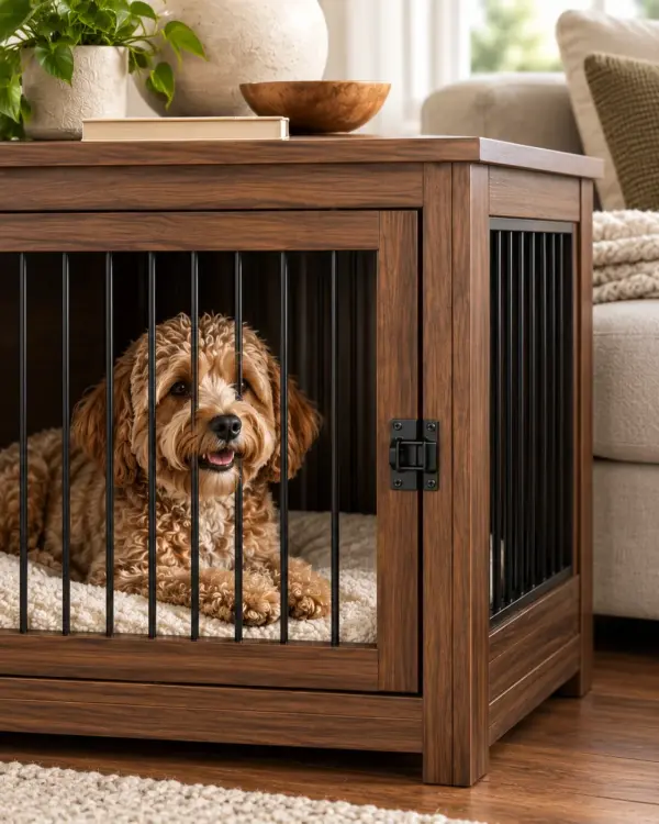 Close view of wooden dog crate door and ventilated side