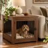 Furniture-style dog crate used as an end table in a living room
