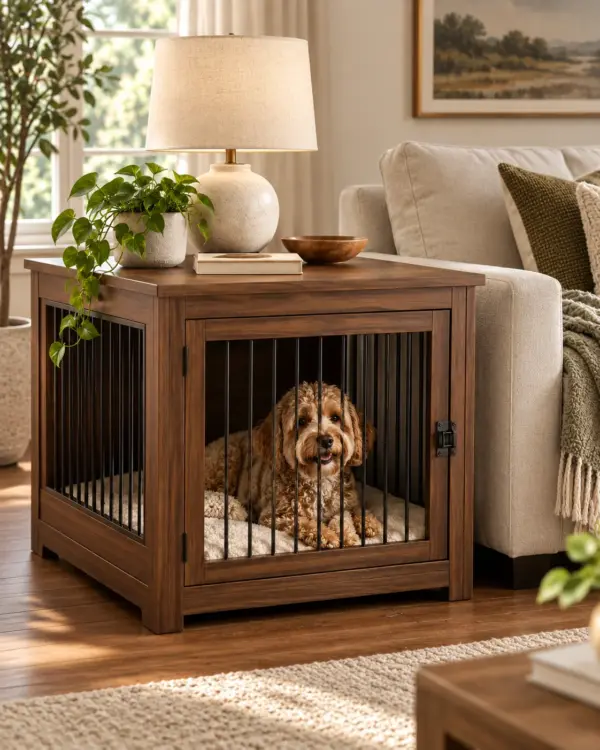 Furniture-style dog crate used as an end table in a living room