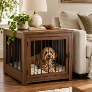 Wooden Dog Crate Furniture — Primary Walnut dog crate end table beside a sofa with a dog inside