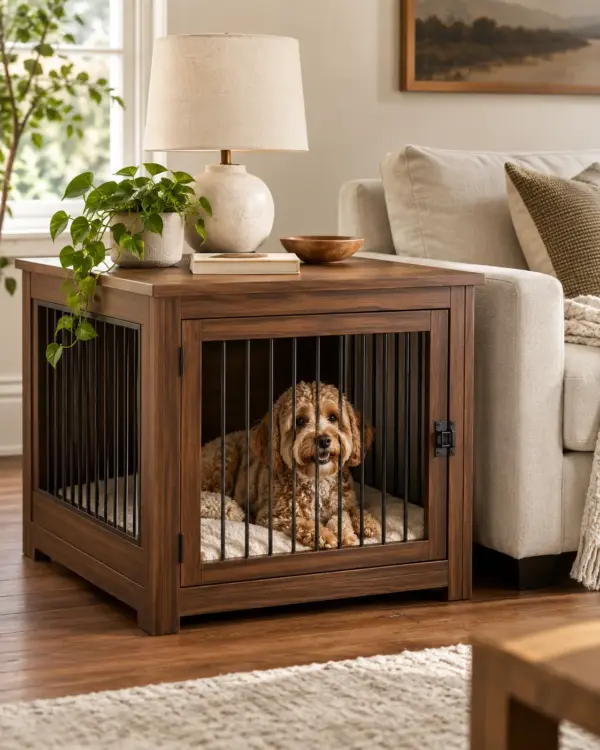 Walnut dog crate end table beside a sofa with a dog inside
